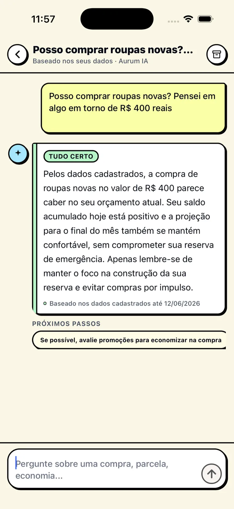 Conversa no Aurum AI: usuário pergunta se pode comprar roupas novas de R$ 400 e recebe a resposta “tudo certo” baseada nos próprios dados