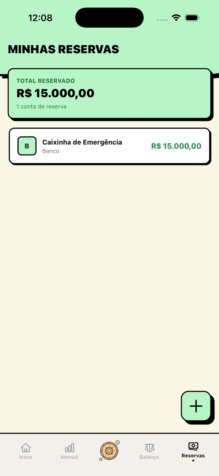 Tela Minhas Reservas do Aurum mostrando o total reservado e a caixinha de emergência